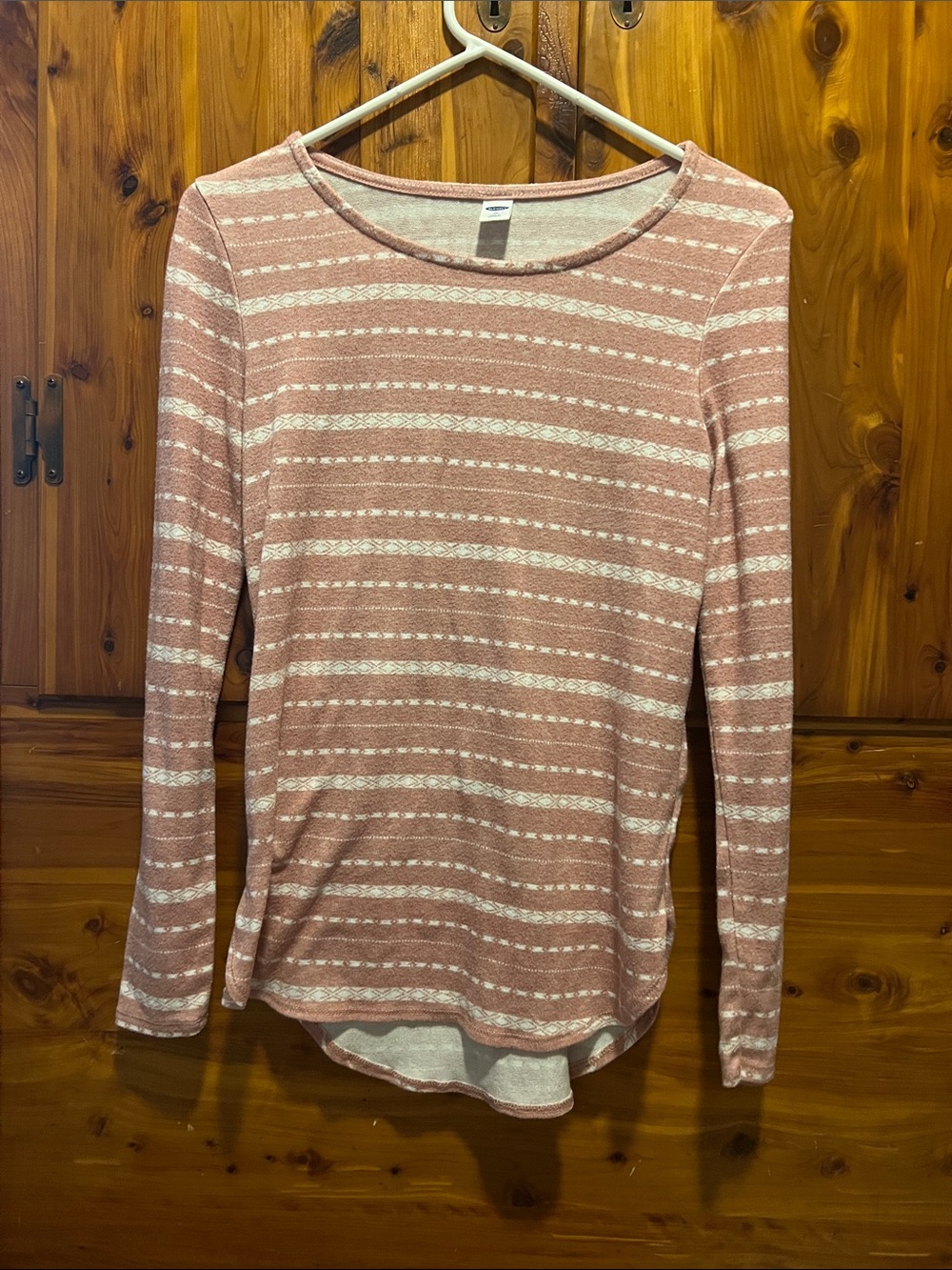 Old Navy Dusty Pink and White Striped Long-Sleeve Top